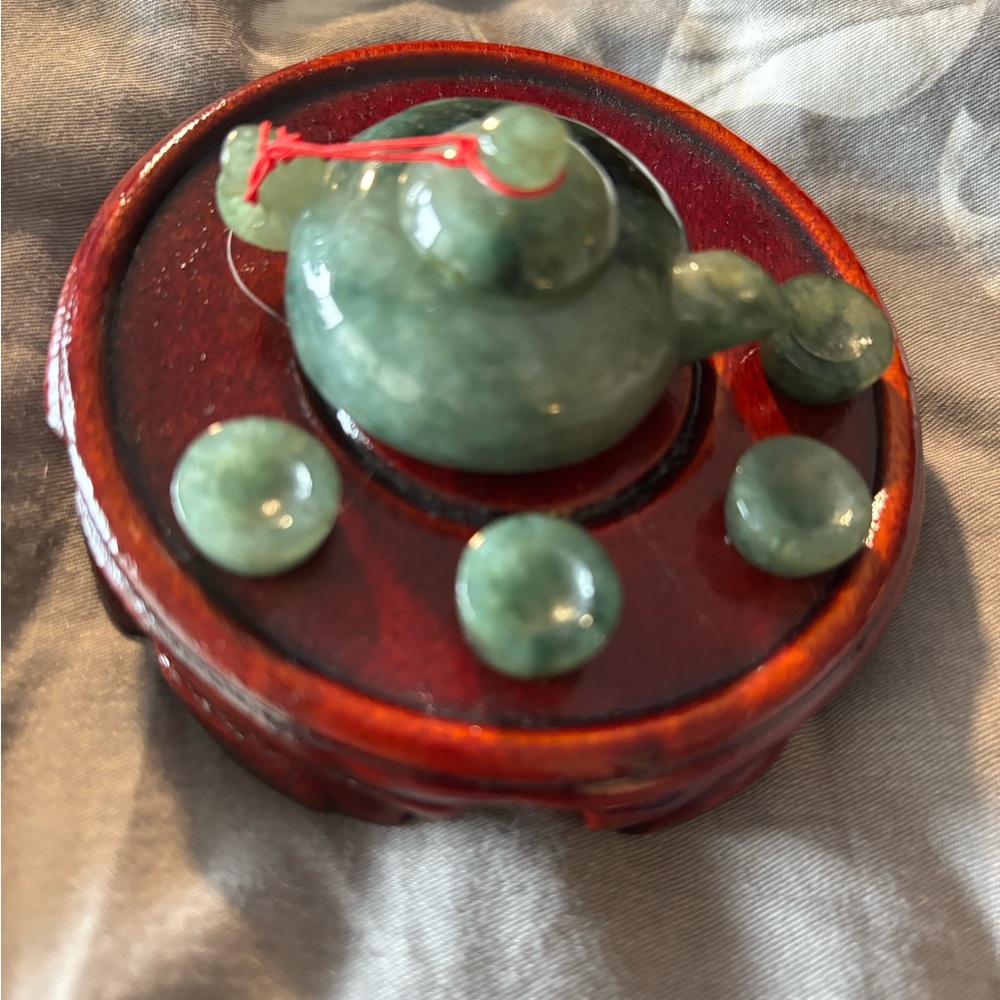 Jade Green Teapot Figurine on Wooden Base